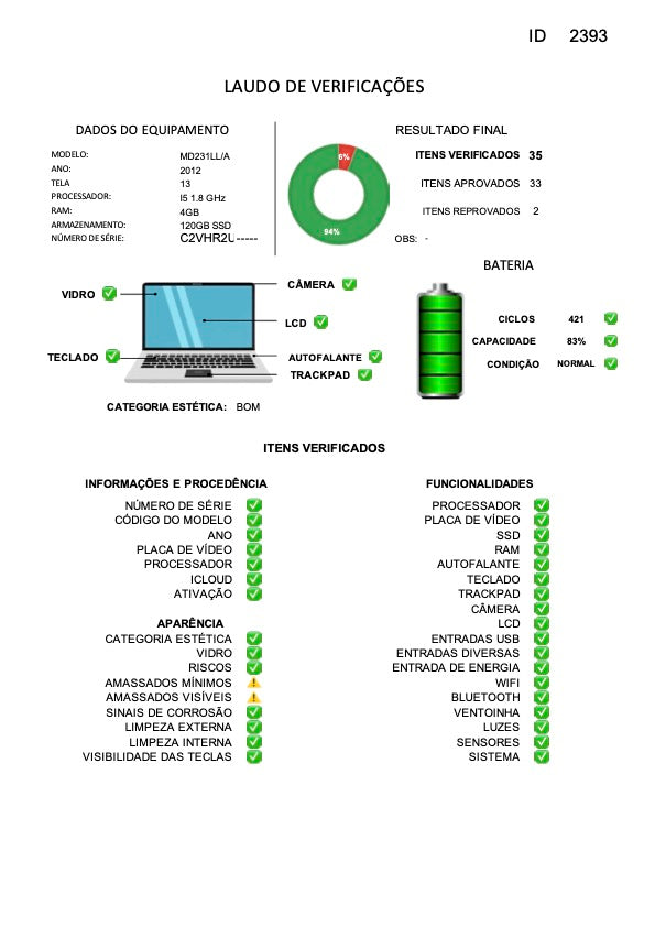MacBook Air 2012 Usado 13" | i5, 4GB RAM, 128GB | TrocaTech